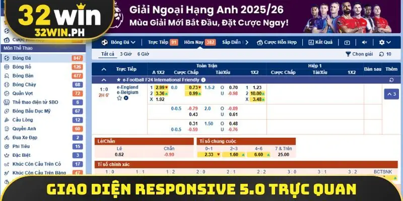 Sbobet 32WIN - Đỉnh Cao Hệ Thống Cá Cược Uy Tín, Odd Khủng Giao diện Responsive 5.0 trực quan
